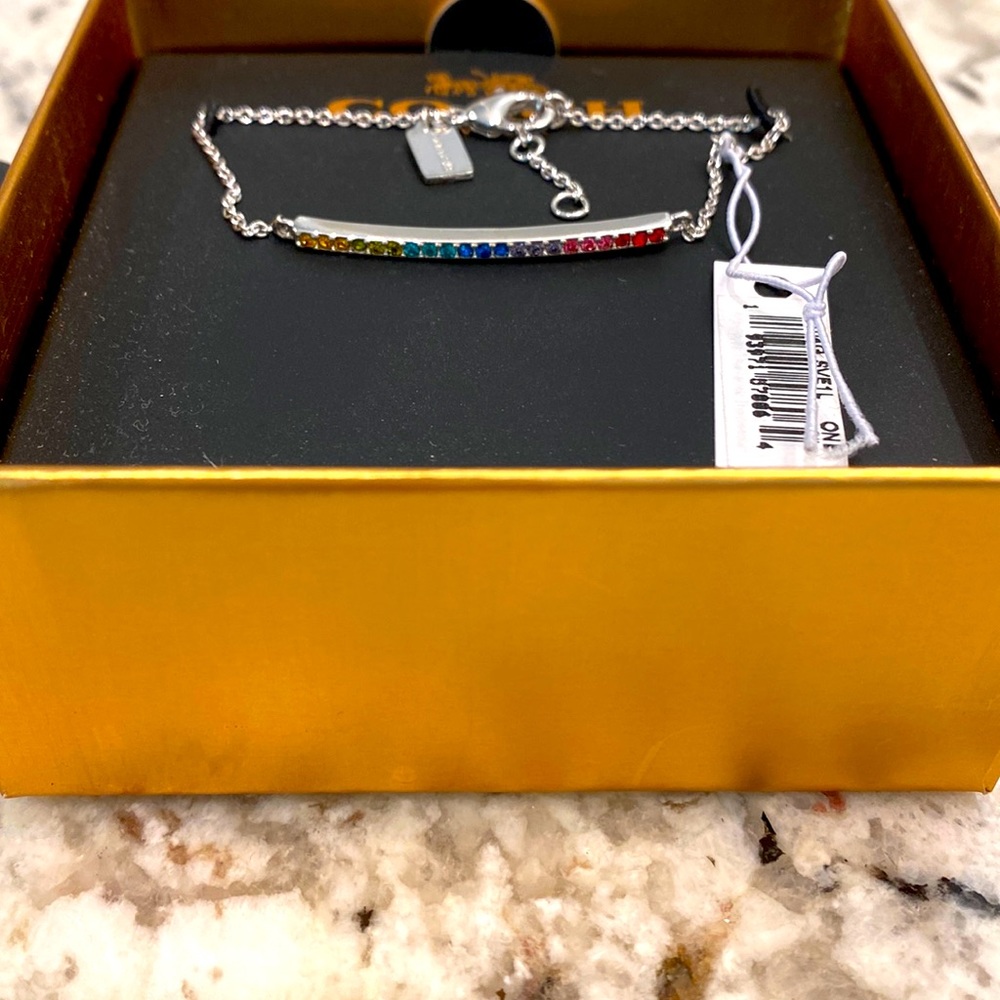 COACH Silver bar bracelet multi color stones/rainbow colored NWT and box